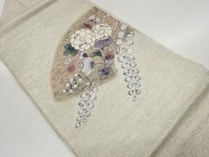 手織り紬金彩手描き抽象地紙に辻ヶ花模様刺繍名古屋帯